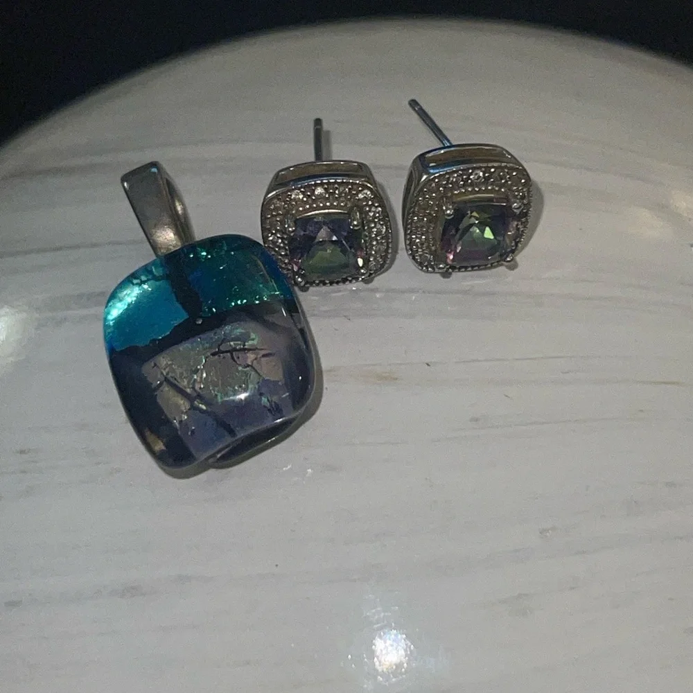Mystic‎ Fire Topaz Cushion Cut Stud Earrings & Dichroic Fused Glass Foil Pendant